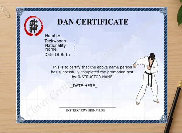 Professional preview of Printable Dan Certificate certificate on high-quality stationery paper, ideal for showcasing the final look.