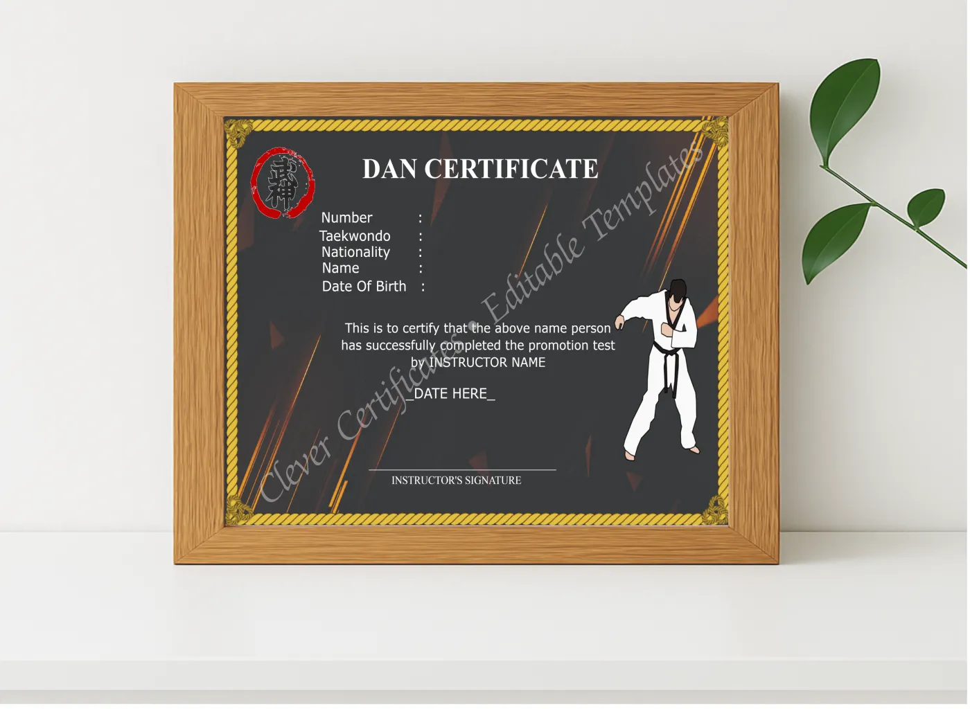 Realistic mockup featuring Customizable Dan Certificate displayed within a modern frame, set against a minimalistic background.