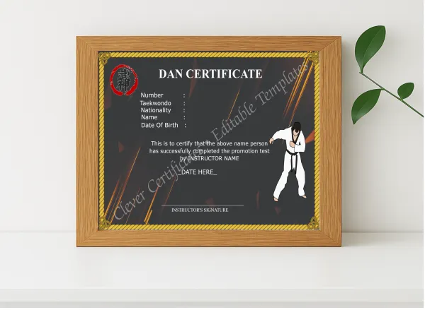 Realistic mockup featuring Customizable Dan Certificate displayed within a modern frame, set against a minimalistic background.