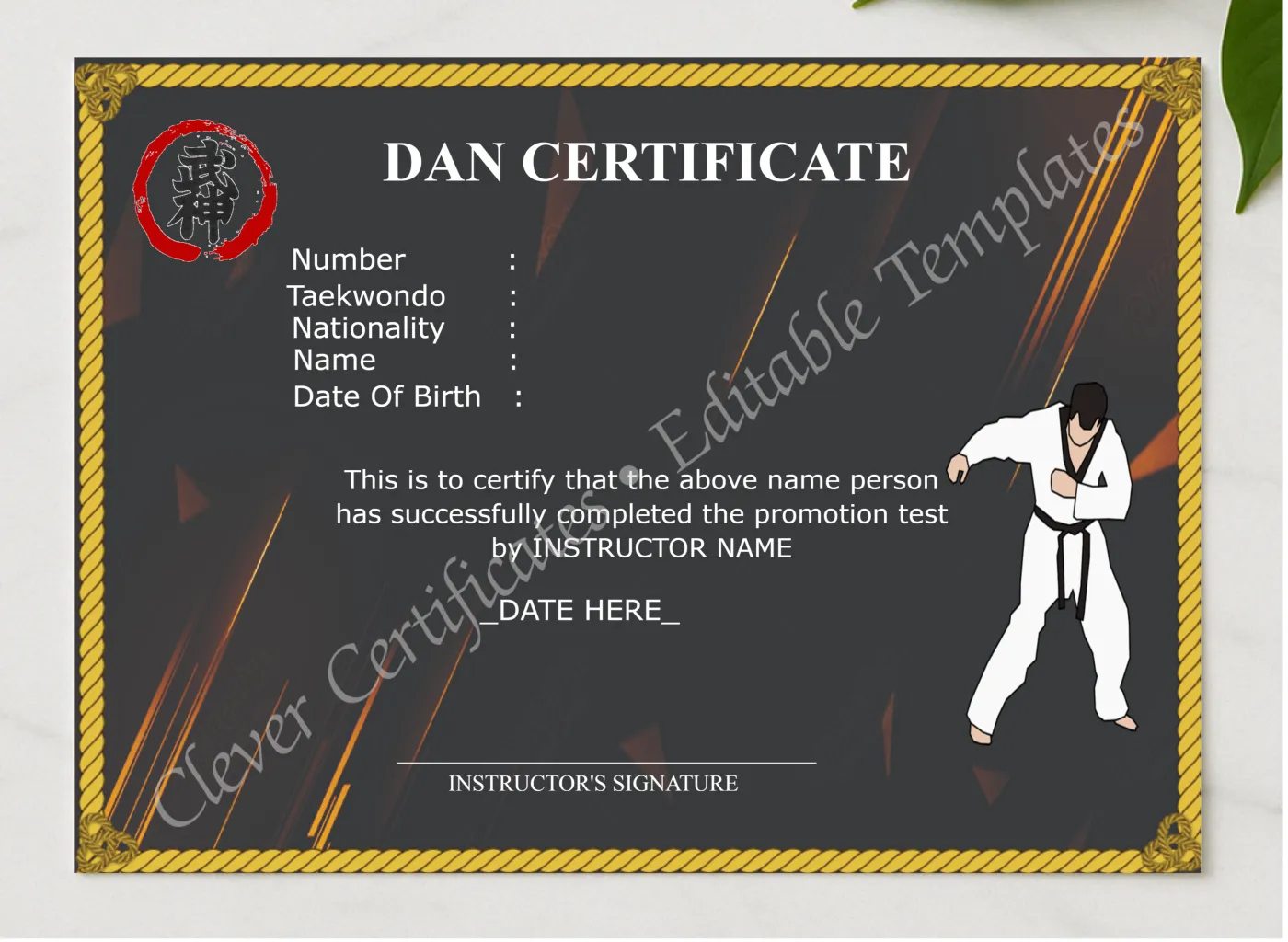 Customizable Dan Certificate presented in a sleek wooden frame, elegantly arranged on a stylish table.