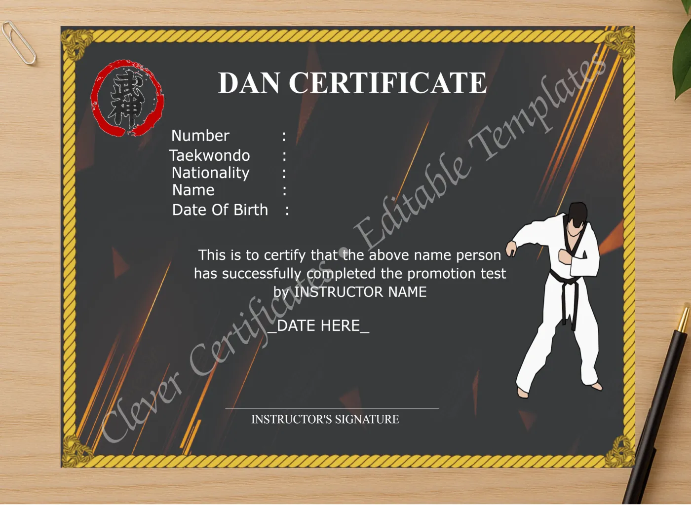 Professional preview of Customizable Dan Certificate certificate on high-quality stationery paper, ideal for showcasing the final look.