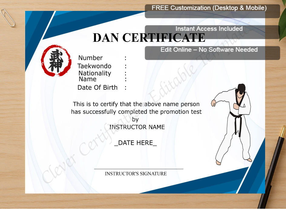 Zoomed preview with Free Editor badge stack for Professional Dan Certificate