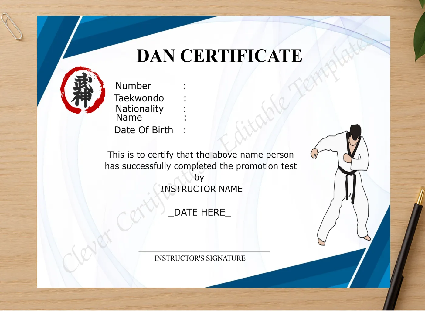 Professional preview of Professional Dan Certificate certificate on high-quality stationery paper, ideal for showcasing the final look.