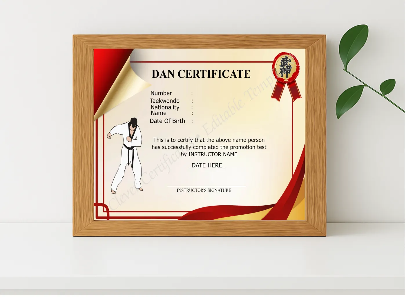 Realistic mockup featuring Elegant Dan Certificate displayed within a modern frame, set against a minimalistic background.