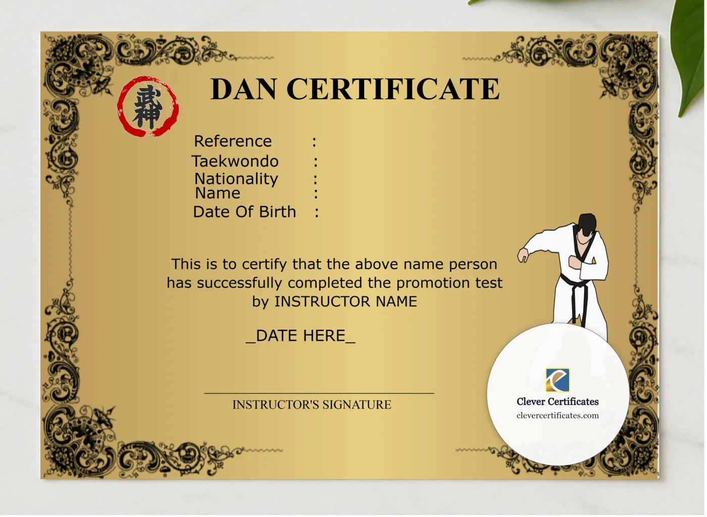 Modern Dan Certificate presented in a sleek wooden frame, elegantly arranged on a stylish table.