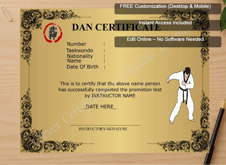 Zoomed preview with Free Editor badge stack for Modern Dan Certificate