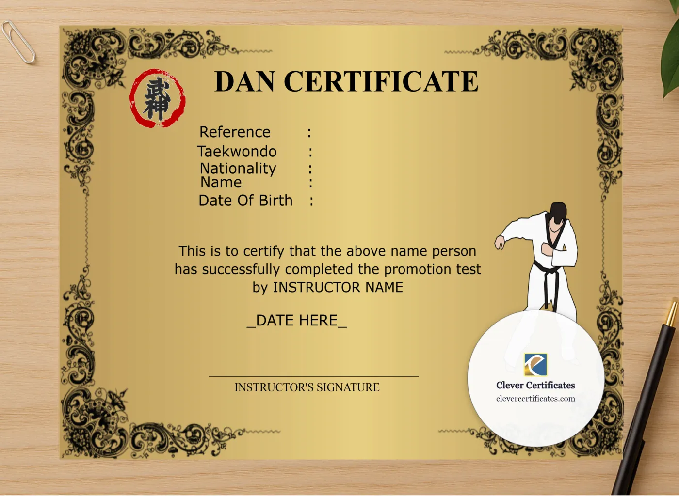 Professional preview of Modern Dan Certificate certificate on high-quality stationery paper, ideal for showcasing the final look.