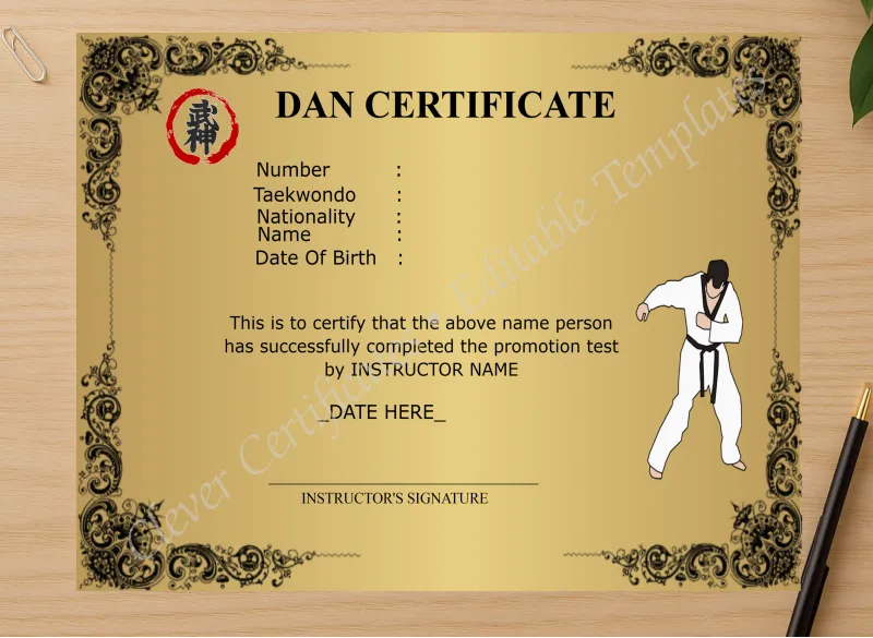 Professional preview of Modern Dan Certificate certificate on high-quality stationery paper, ideal for showcasing the final look.