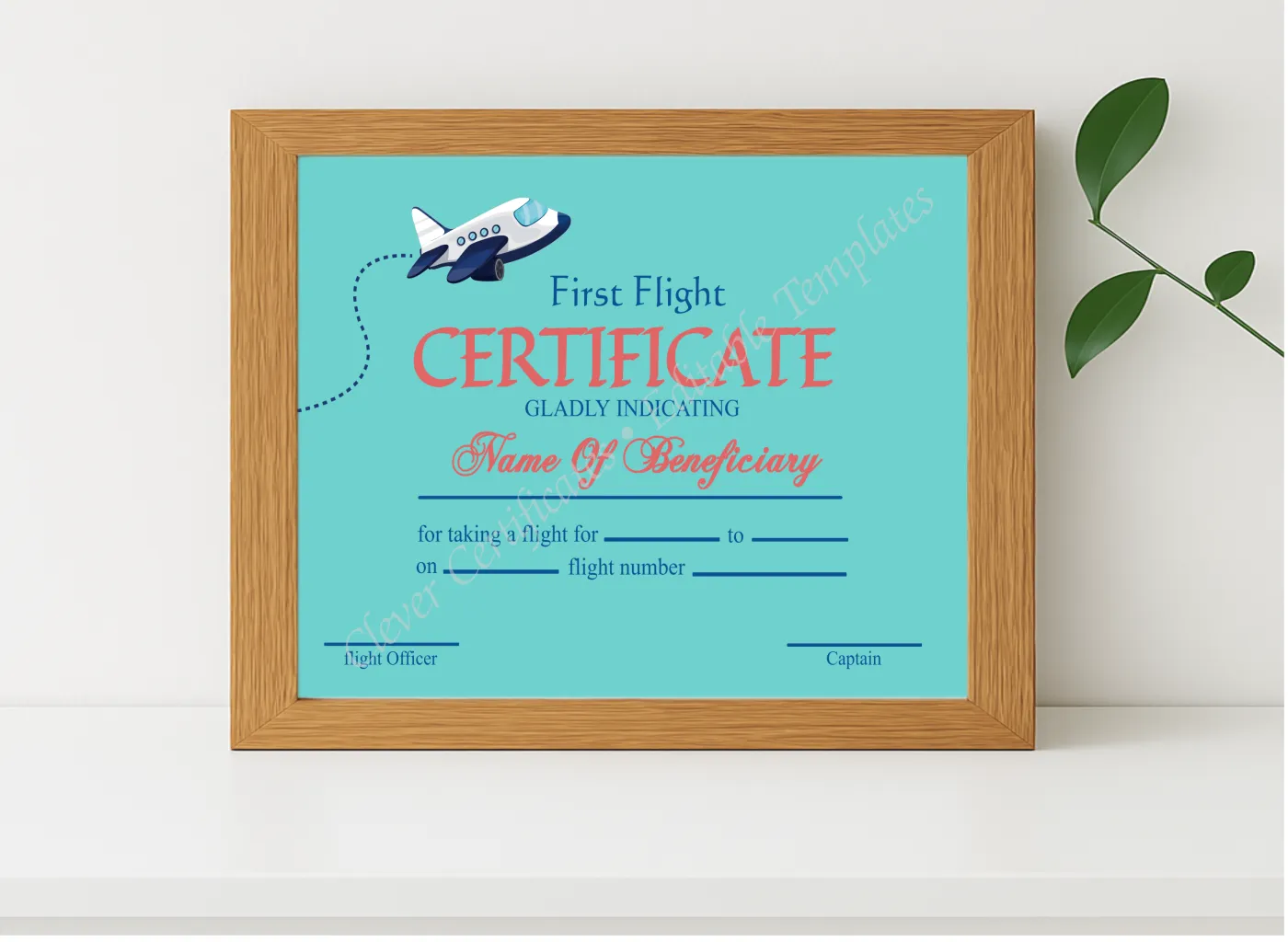 Realistic mockup featuring Printable First Flight Certificate displayed within a modern frame, set against a minimalistic background.