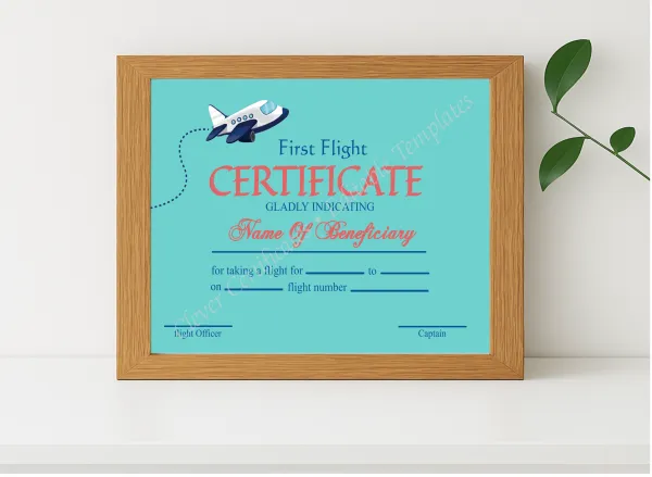 Realistic mockup featuring Printable First Flight Certificate displayed within a modern frame, set against a minimalistic background.