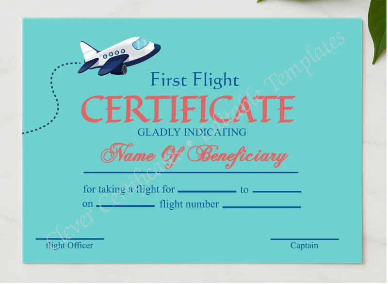 Printable First Flight Certificate presented in a sleek wooden frame, elegantly arranged on a stylish table.