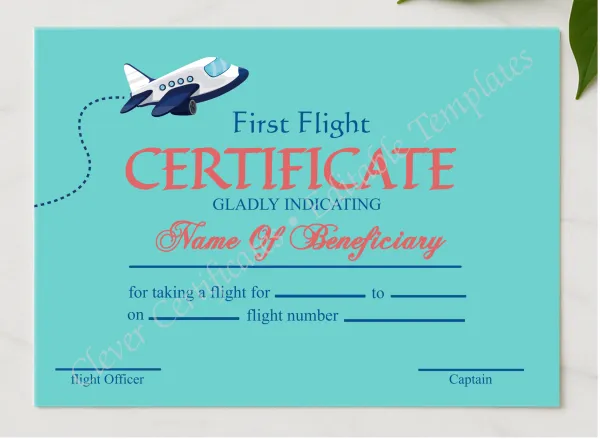 Printable First Flight Certificate presented in a sleek wooden frame, elegantly arranged on a stylish table.