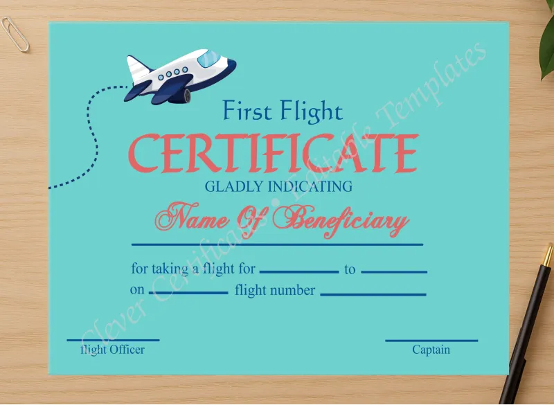 Professional preview of Printable First Flight Certificate certificate on high-quality stationery paper, ideal for showcasing the final look.
