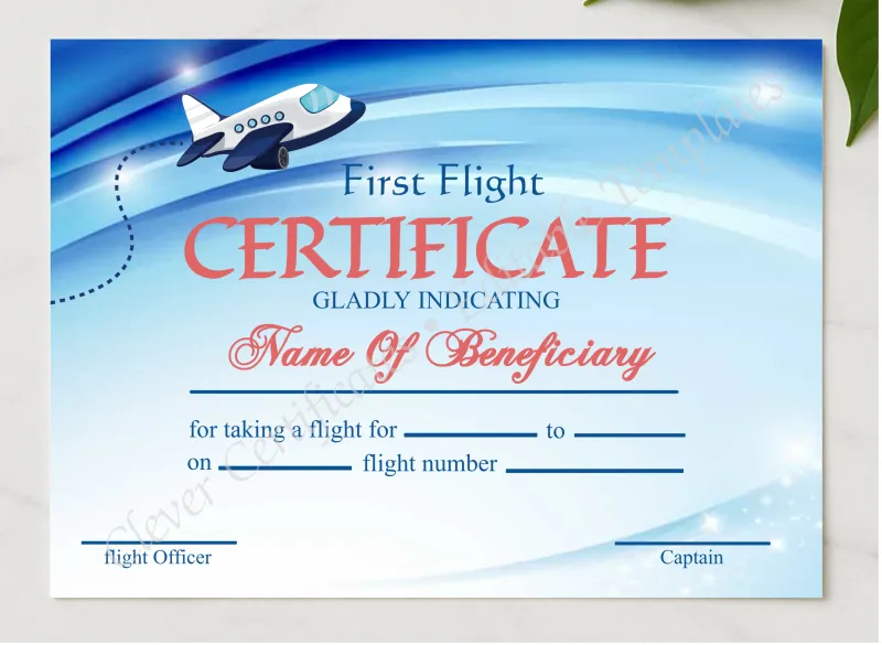 Customizable First Flight Certificate presented in a sleek wooden frame, elegantly arranged on a stylish table.