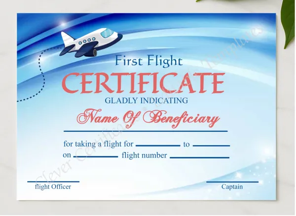 Customizable First Flight Certificate presented in a sleek wooden frame, elegantly arranged on a stylish table.