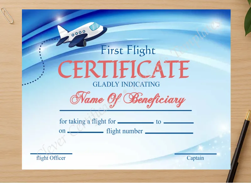 Professional preview of Customizable First Flight Certificate certificate on high-quality stationery paper, ideal for showcasing the final look.