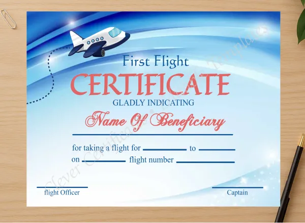 Professional preview of Customizable First Flight Certificate certificate on high-quality stationery paper, ideal for showcasing the final look.