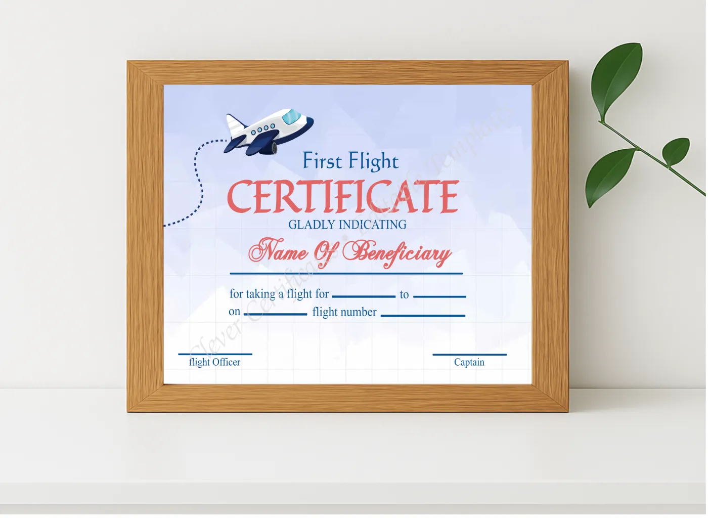 Realistic mockup featuring Editable Elegant First Flight Certificate displayed within a modern frame, set against a minimalistic background.