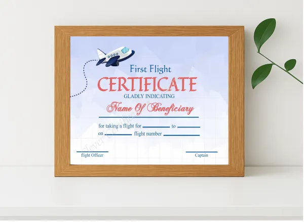 Realistic mockup featuring Editable Elegant First Flight Certificate displayed within a modern frame, set against a minimalistic background.