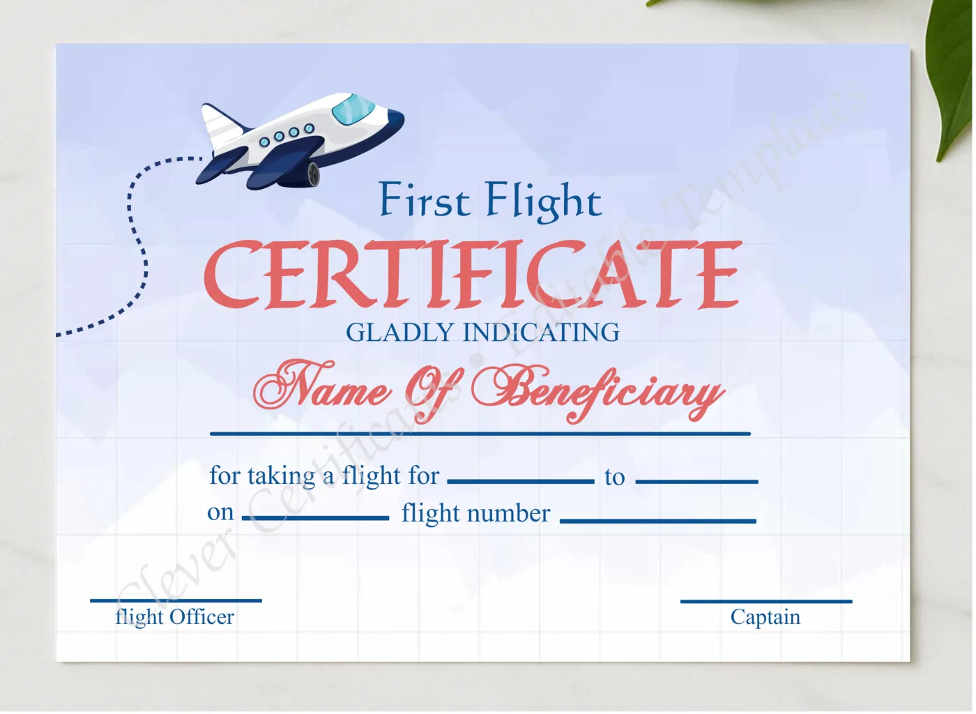 Editable Elegant First Flight Certificate presented in a sleek wooden frame, elegantly arranged on a stylish table.