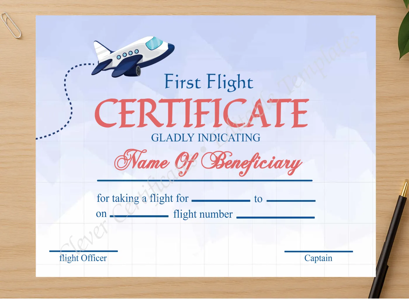 Professional preview of Editable Elegant First Flight Certificate certificate on high-quality stationery paper, ideal for showcasing the final look.