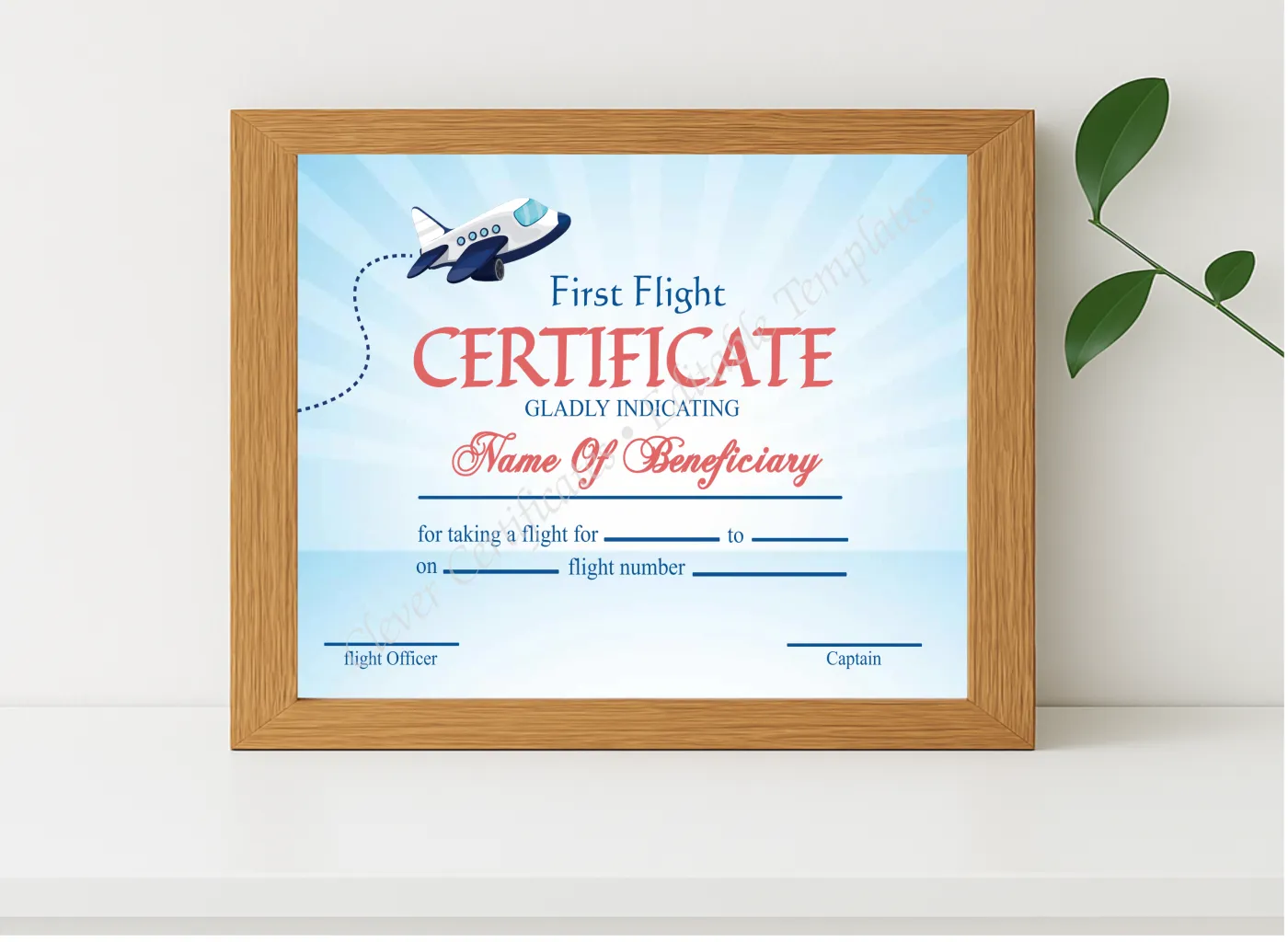Realistic mockup featuring Printable Elegant First Flight Certificate displayed within a modern frame, set against a minimalistic background.