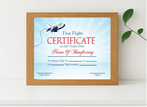 Realistic mockup featuring Printable Elegant First Flight Certificate displayed within a modern frame, set against a minimalistic background.