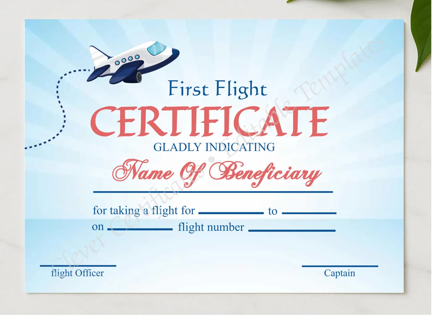 Printable Elegant First Flight Certificate presented in a sleek wooden frame, elegantly arranged on a stylish table.