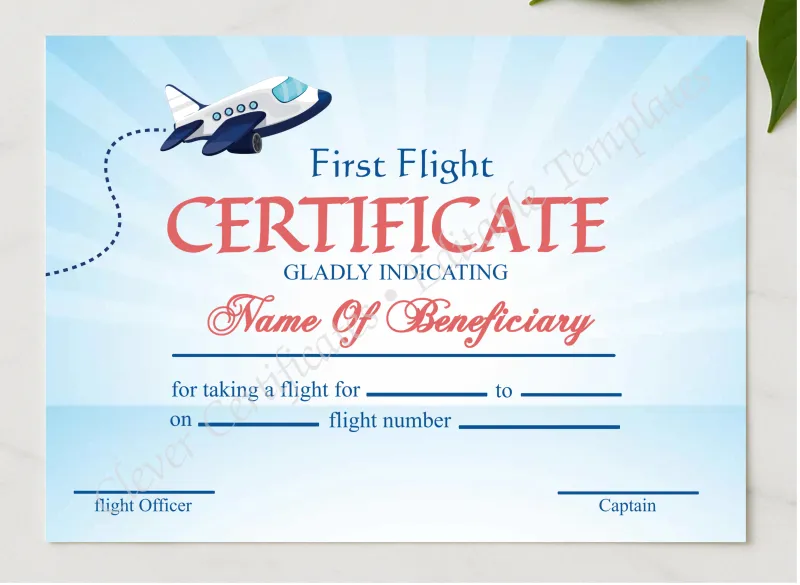 Printable Elegant First Flight Certificate presented in a sleek wooden frame, elegantly arranged on a stylish table.