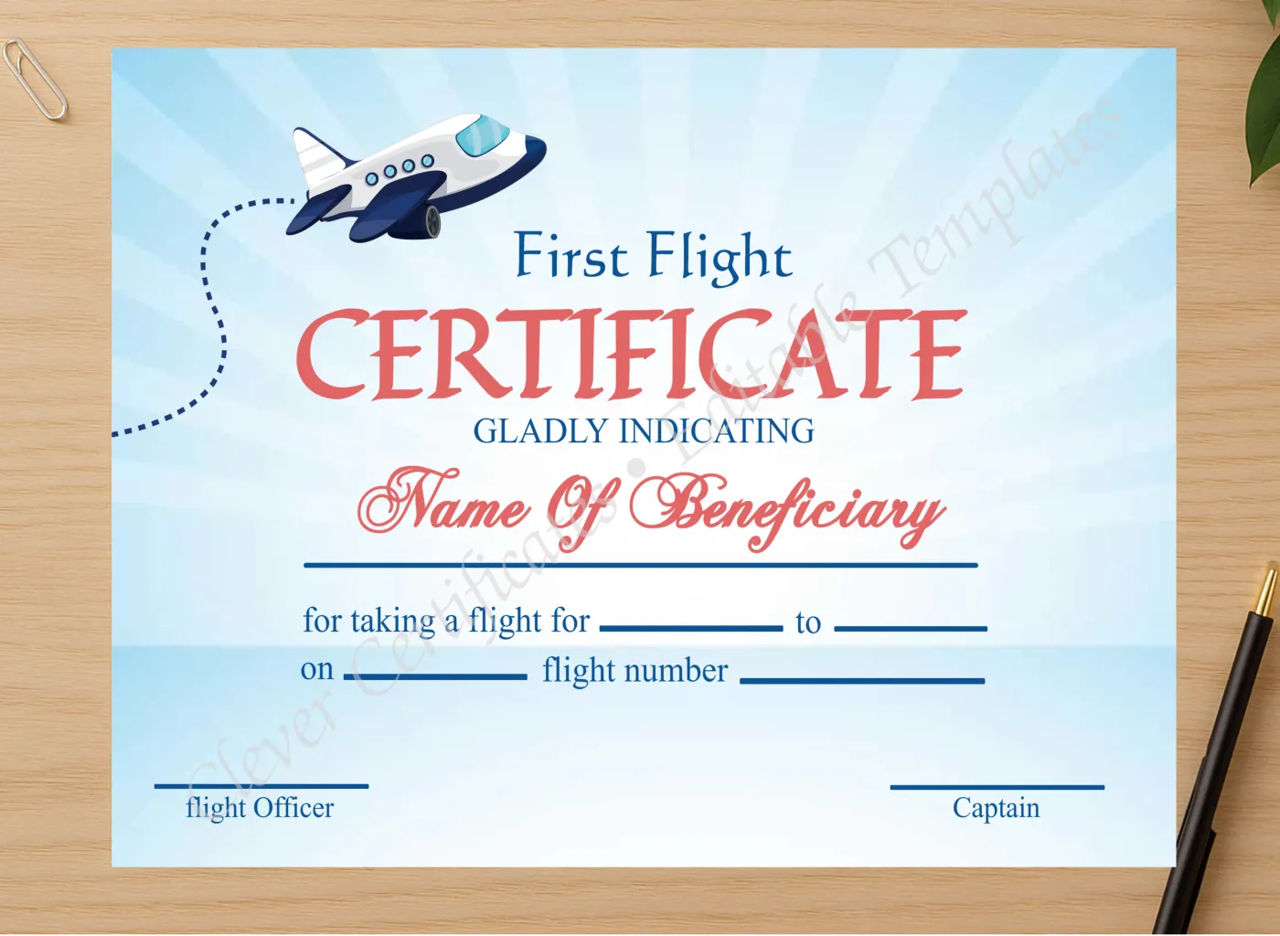 Professional preview of Printable Elegant First Flight Certificate certificate on high-quality stationery paper, ideal for showcasing the final look.