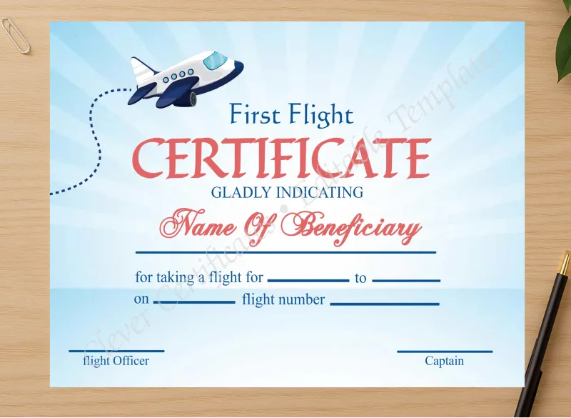 Professional preview of Printable Elegant First Flight Certificate certificate on high-quality stationery paper, ideal for showcasing the final look.
