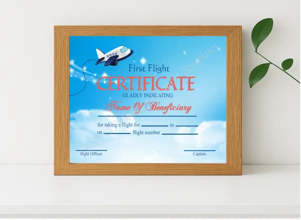 Realistic mockup featuring Customizable Elegant First Flight Certificate displayed within a modern frame, set against a minimalistic background.