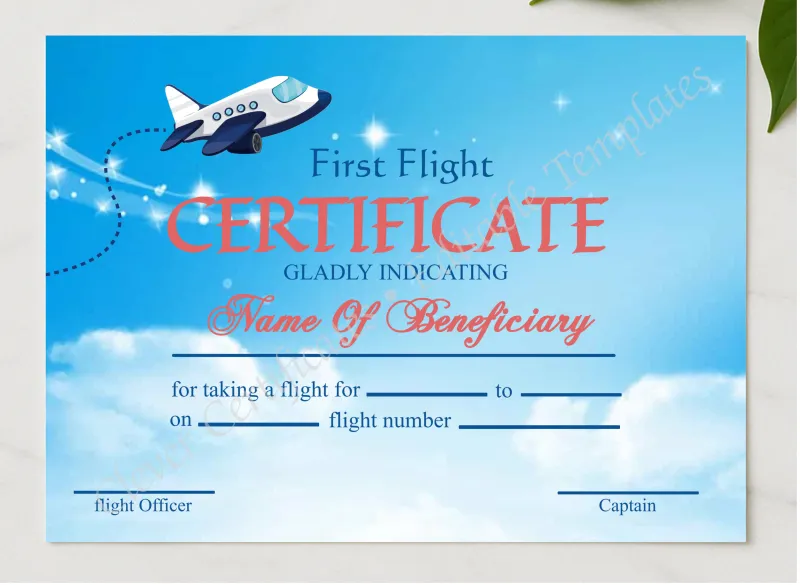 Customizable Elegant First Flight Certificate presented in a sleek wooden frame, elegantly arranged on a stylish table.
