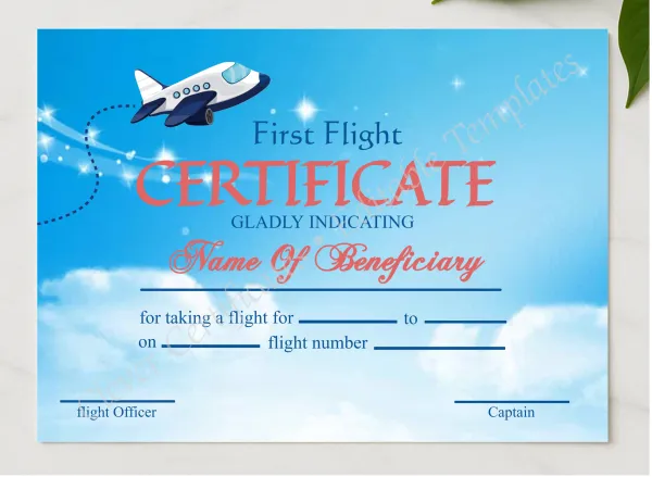 Customizable Elegant First Flight Certificate presented in a sleek wooden frame, elegantly arranged on a stylish table.