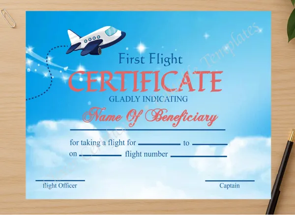 Professional preview of Customizable Elegant First Flight Certificate certificate on high-quality stationery paper, ideal for showcasing the final look.