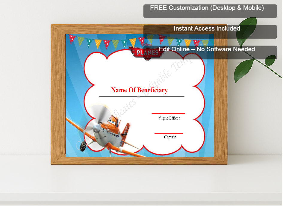 Premium mockup with Free Editor badge stack for Editable Kids First Flight Certificate