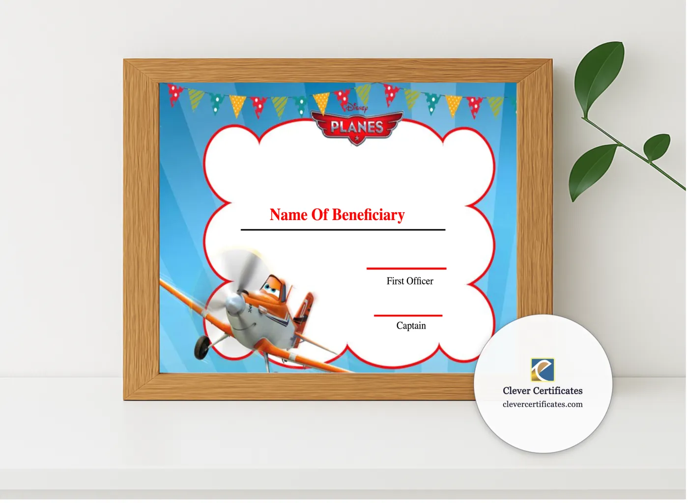 Realistic mockup featuring Editable Kids First Flight Certificate displayed within a modern frame, set against a minimalistic background.