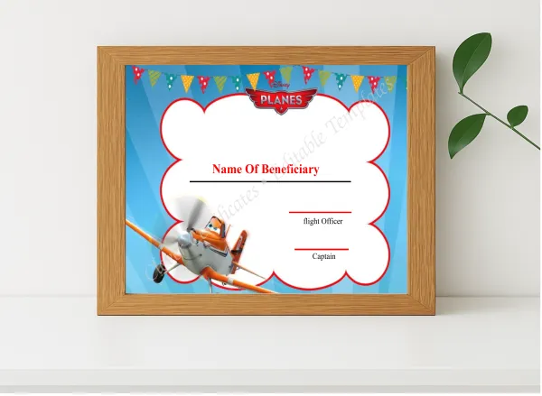 Realistic mockup featuring Editable Kids First Flight Certificate displayed within a modern frame, set against a minimalistic background.