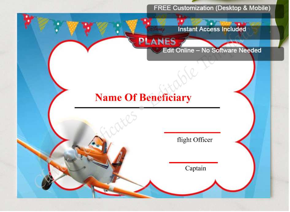 Framed preview featuring Free Editor badge stack for Editable Kids First Flight Certificate