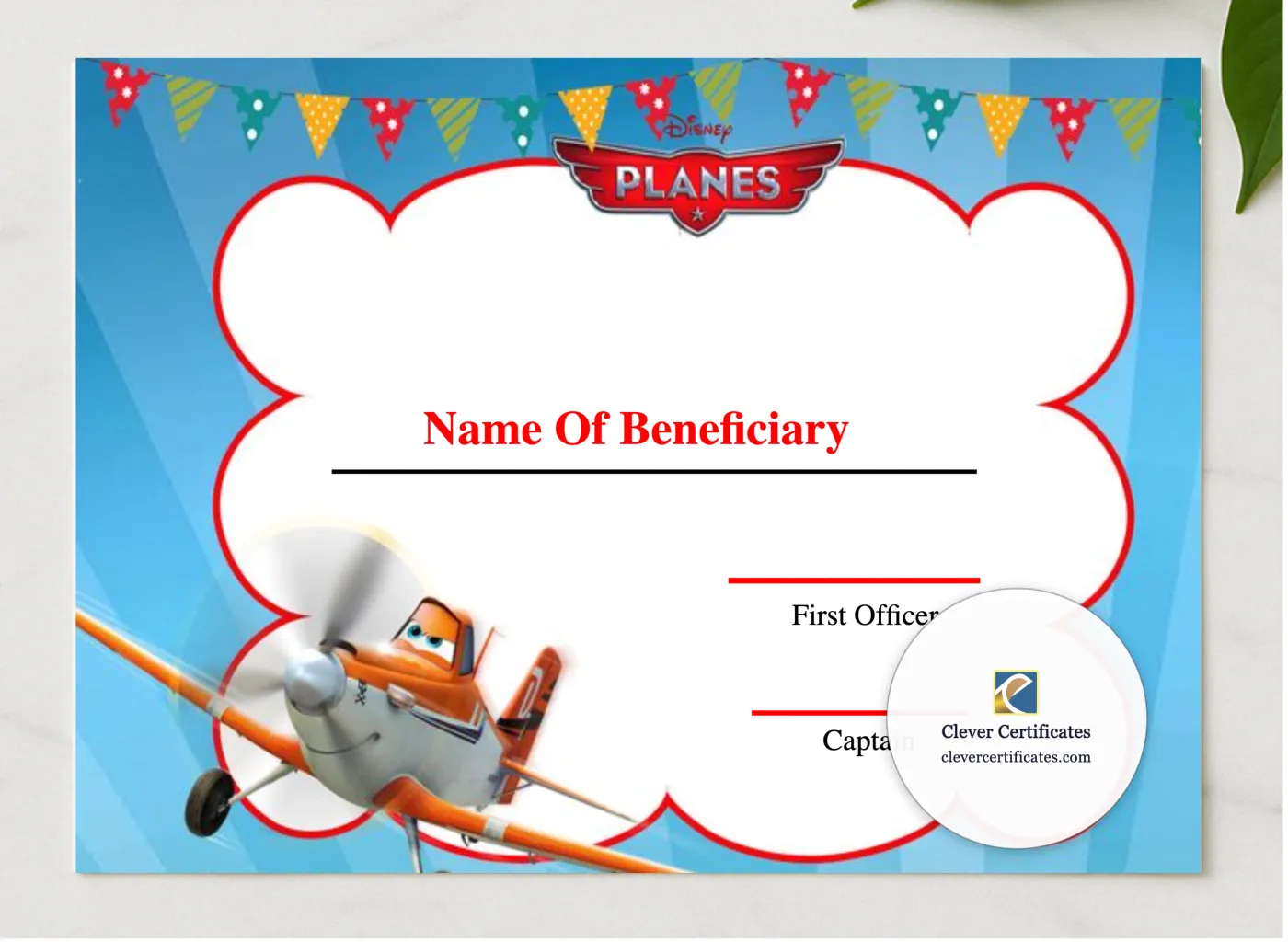 Editable Kids First Flight Certificate presented in a sleek wooden frame, elegantly arranged on a stylish table.