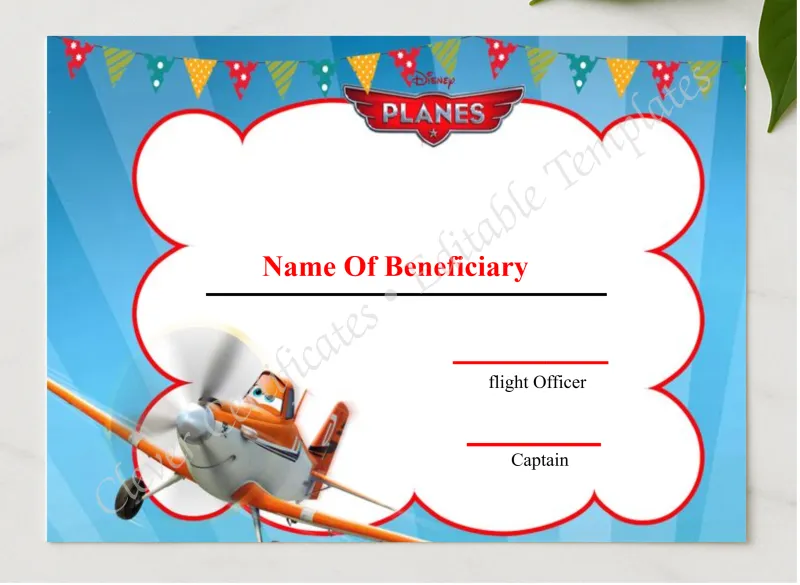 Editable Kids First Flight Certificate presented in a sleek wooden frame, elegantly arranged on a stylish table.
