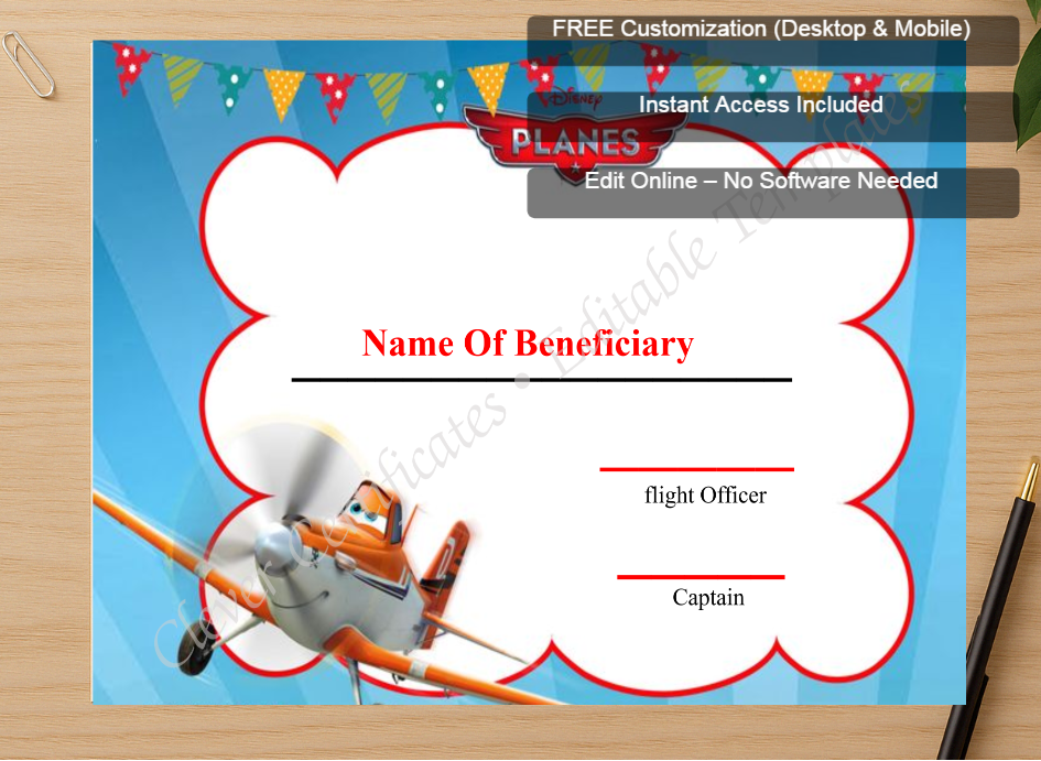 Zoomed preview with Free Editor badge stack for Editable Kids First Flight Certificate