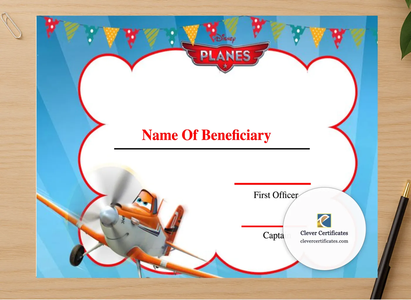 Professional preview of Editable Kids First Flight Certificate certificate on high-quality stationery paper, ideal for showcasing the final look.