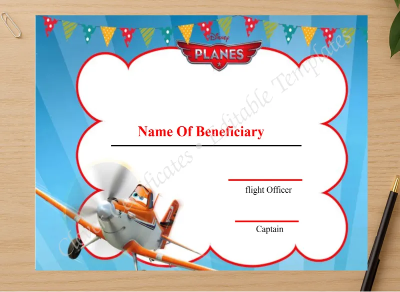 Professional preview of Editable Kids First Flight Certificate certificate on high-quality stationery paper, ideal for showcasing the final look.