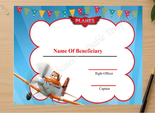Professional preview of Editable Kids First Flight Certificate certificate on high-quality stationery paper, ideal for showcasing the final look.