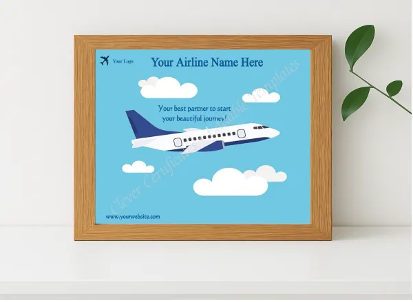 Realistic mockup featuring Editable Airline First Flight Certificate displayed within a modern frame, set against a minimalistic background.