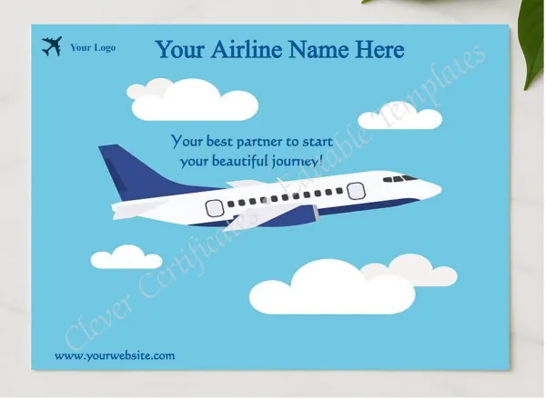 Editable Airline First Flight Certificate presented in a sleek wooden frame, elegantly arranged on a stylish table.