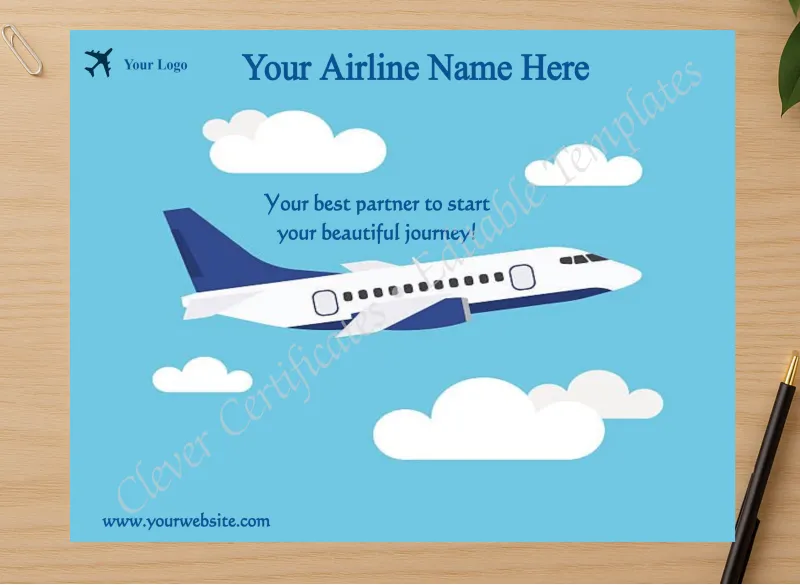 Professional preview of Editable Airline First Flight Certificate certificate on high-quality stationery paper, ideal for showcasing the final look.