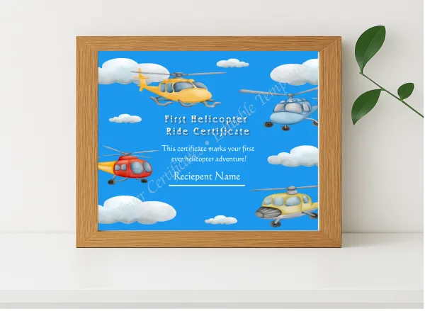 Realistic mockup featuring Editable First Helicopter Ride Certificate displayed within a modern frame, set against a minimalistic background.