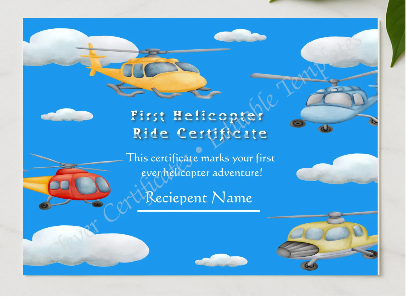 Editable First Helicopter Ride Certificate presented in a sleek wooden frame, elegantly arranged on a stylish table.